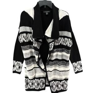 Tahari Sweater Womens Large Black White Wool Blend Aztec Cardigan Open Front